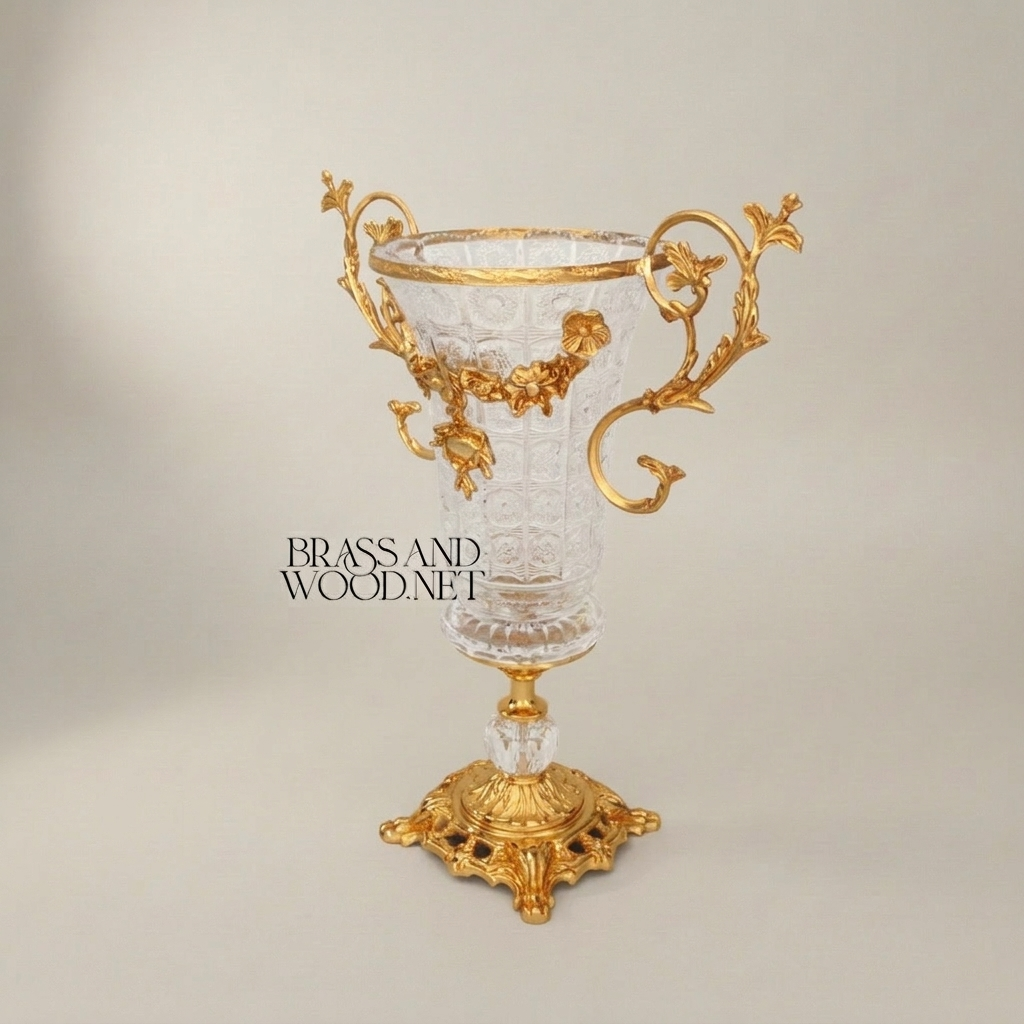 Rococo Crystal & Brass 3-Piece Vase & Centerpiece Garniture Set with Floral Scroll Mounts