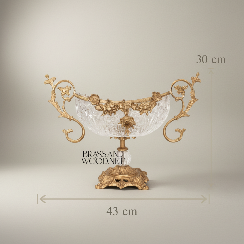 Rococo Crystal & Brass 3-Piece Vase & Centerpiece Garniture Set with Floral Scroll Mounts — Antique Gold