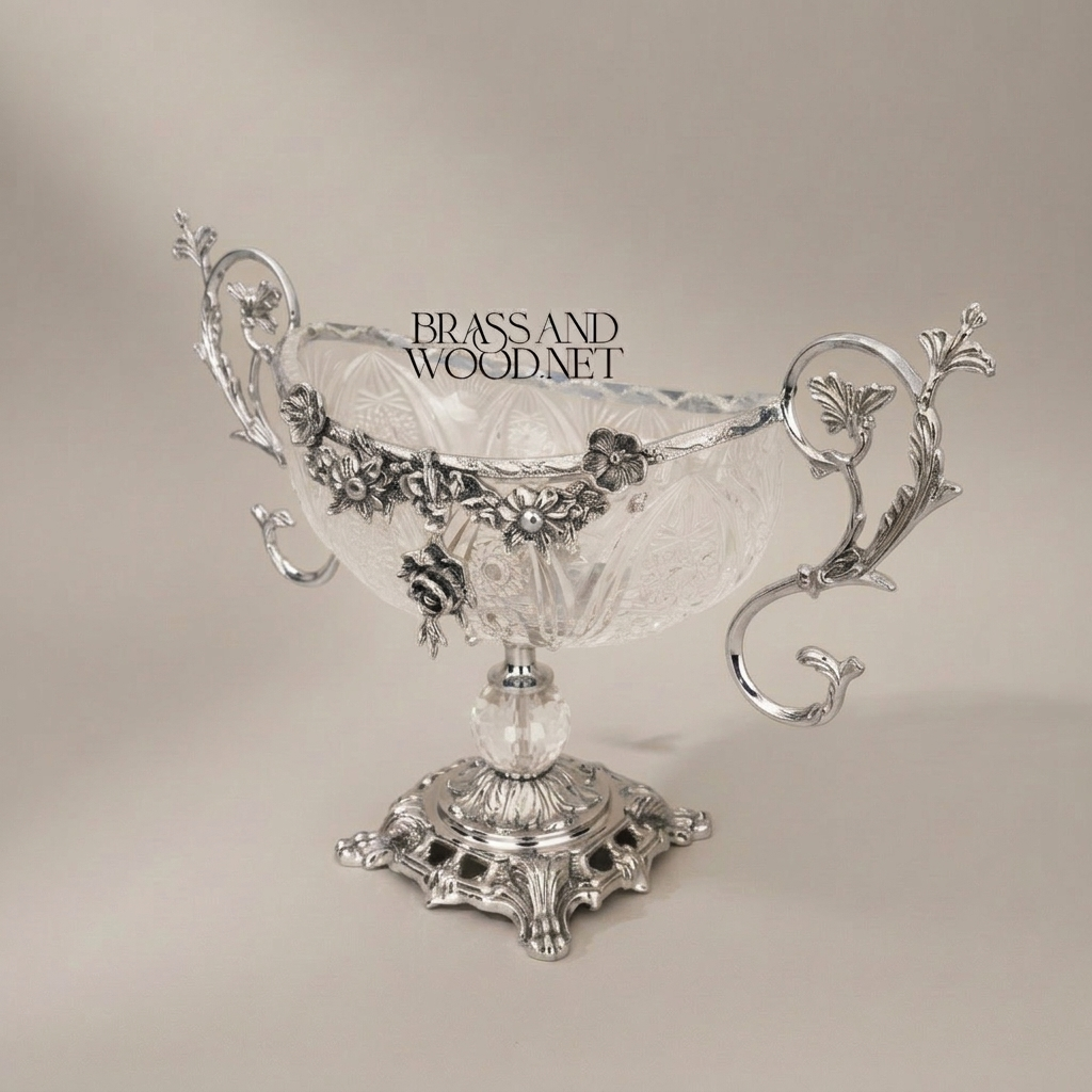 Rococo Crystal & Brass 3-Piece Vase & Centerpiece Garniture Set with Floral Scroll Mounts — Silver