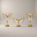 Rococo Crystal & Brass 3-Piece Vase & Centerpiece Garniture Set with Floral Scroll Mounts — Gold