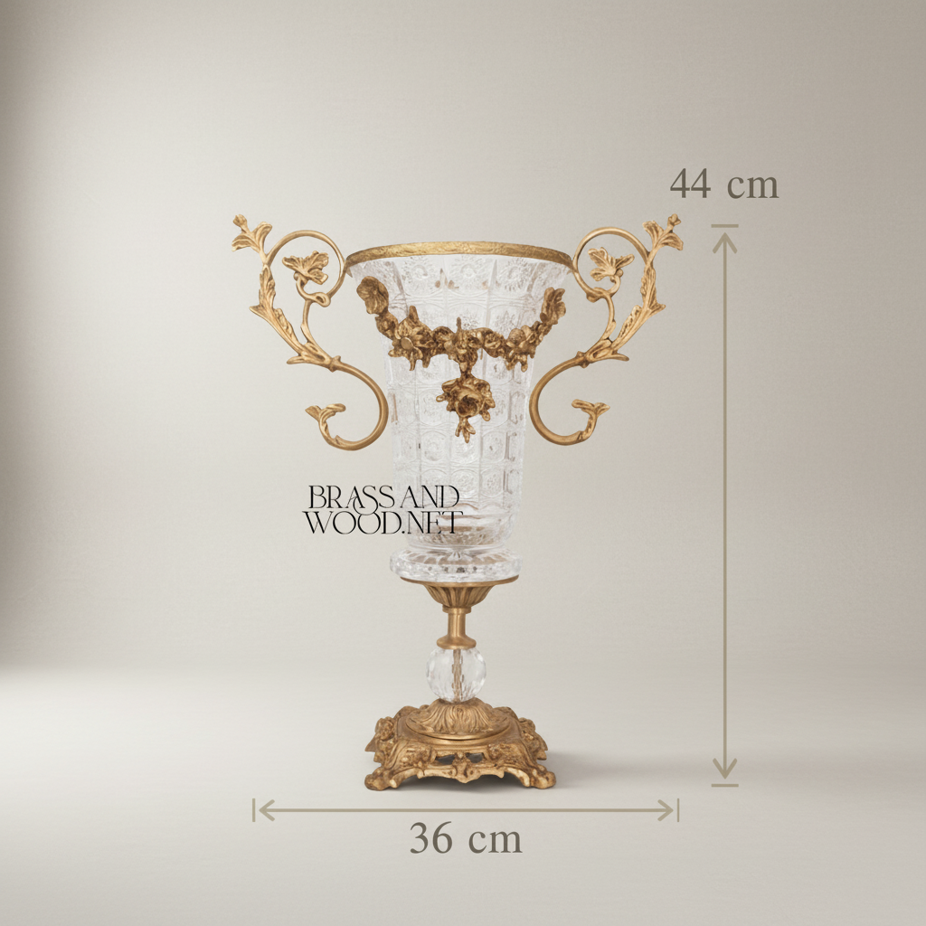 Rococo Crystal & Brass 3-Piece Vase & Centerpiece Garniture Set with Floral Scroll Mounts — Antique Gold