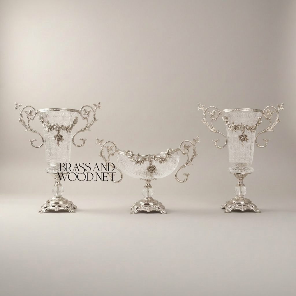 Rococo Crystal & Brass 3-Piece Vase & Centerpiece Garniture Set with Floral Scroll Mounts — Silver
