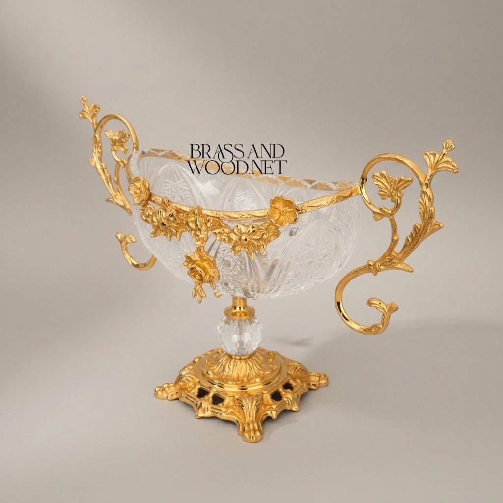 Rococo Crystal & Brass 3-Piece Vase & Centerpiece Garniture Set with Floral Scroll Mounts — Gold