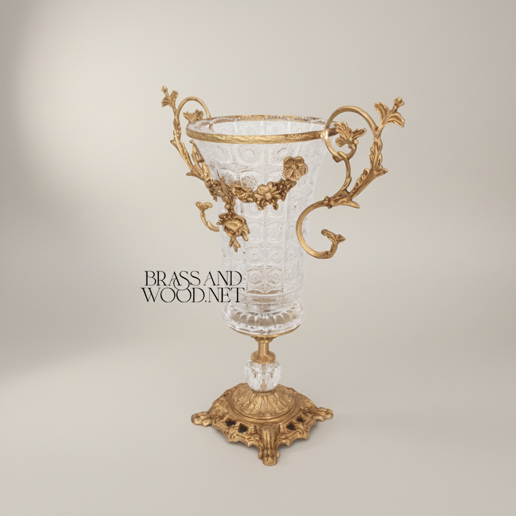 Rococo Crystal & Brass 3-Piece Vase & Centerpiece Garniture Set with Floral Scroll Mounts — Antique Gold