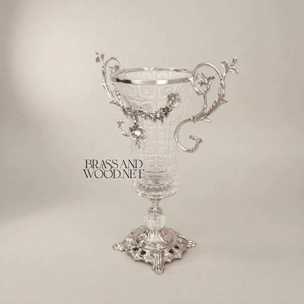 Rococo Crystal & Brass 3-Piece Vase & Centerpiece Garniture Set with Floral Scroll Mounts — Silver