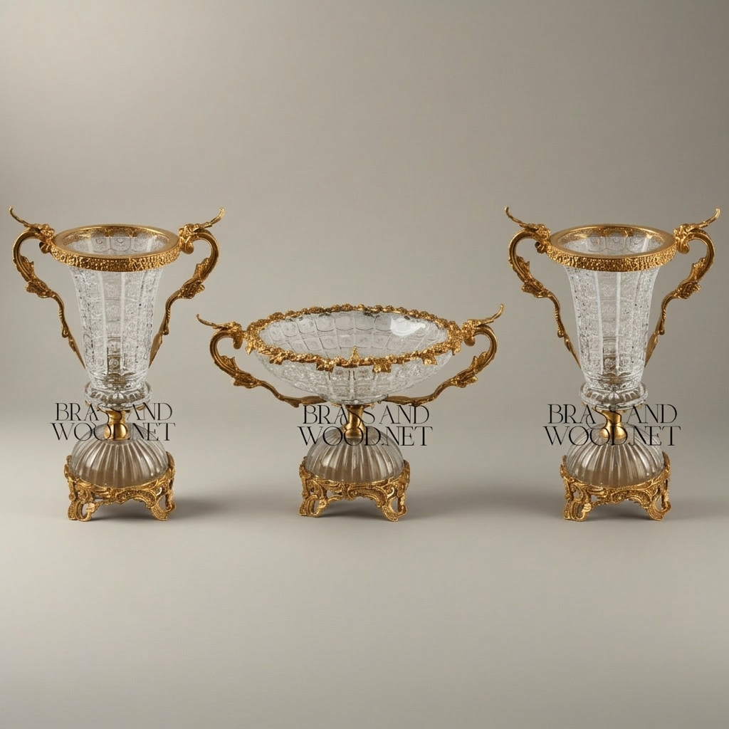 Rococo Crystal & Brass 3-Piece Vase Garniture Set with Dragon Handles — Gold