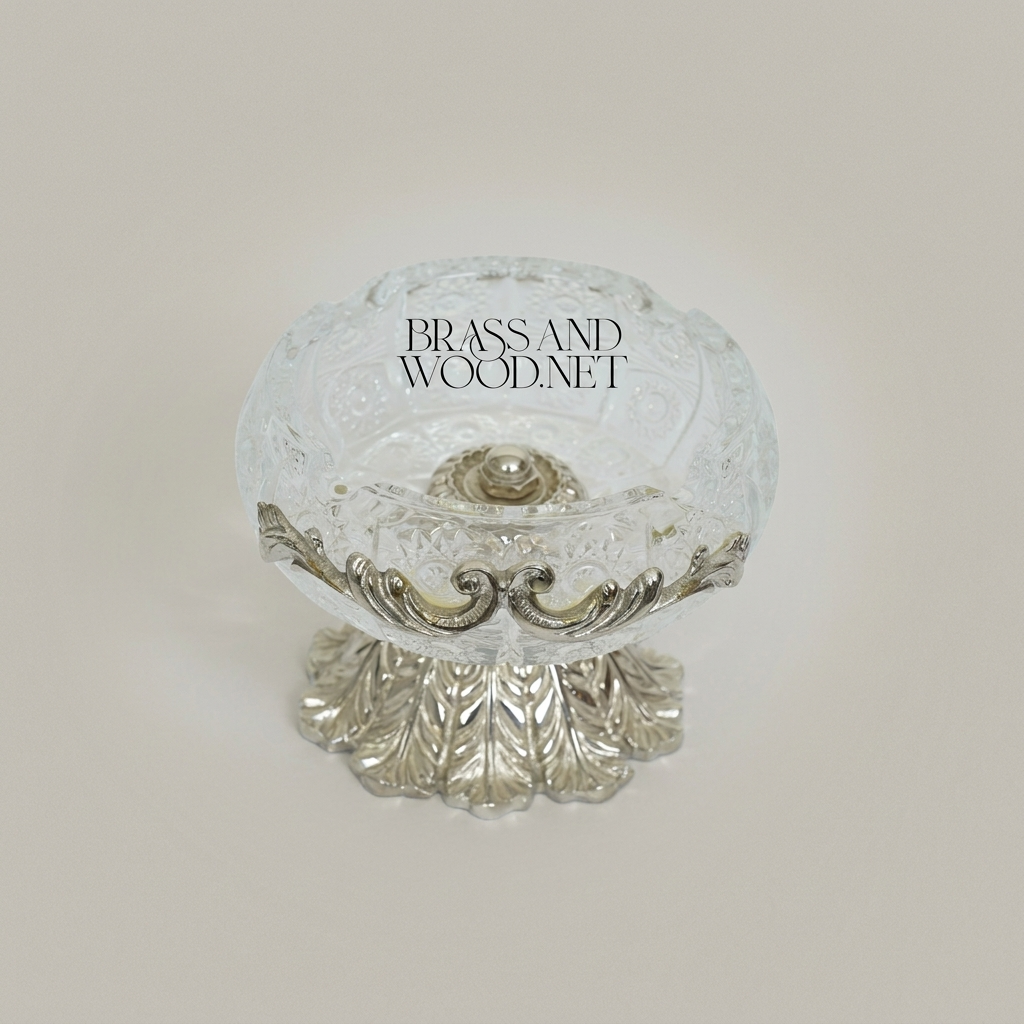 Rococo Crystal & Brass Ashtray with Acanthus Pedestal Base — Silver
