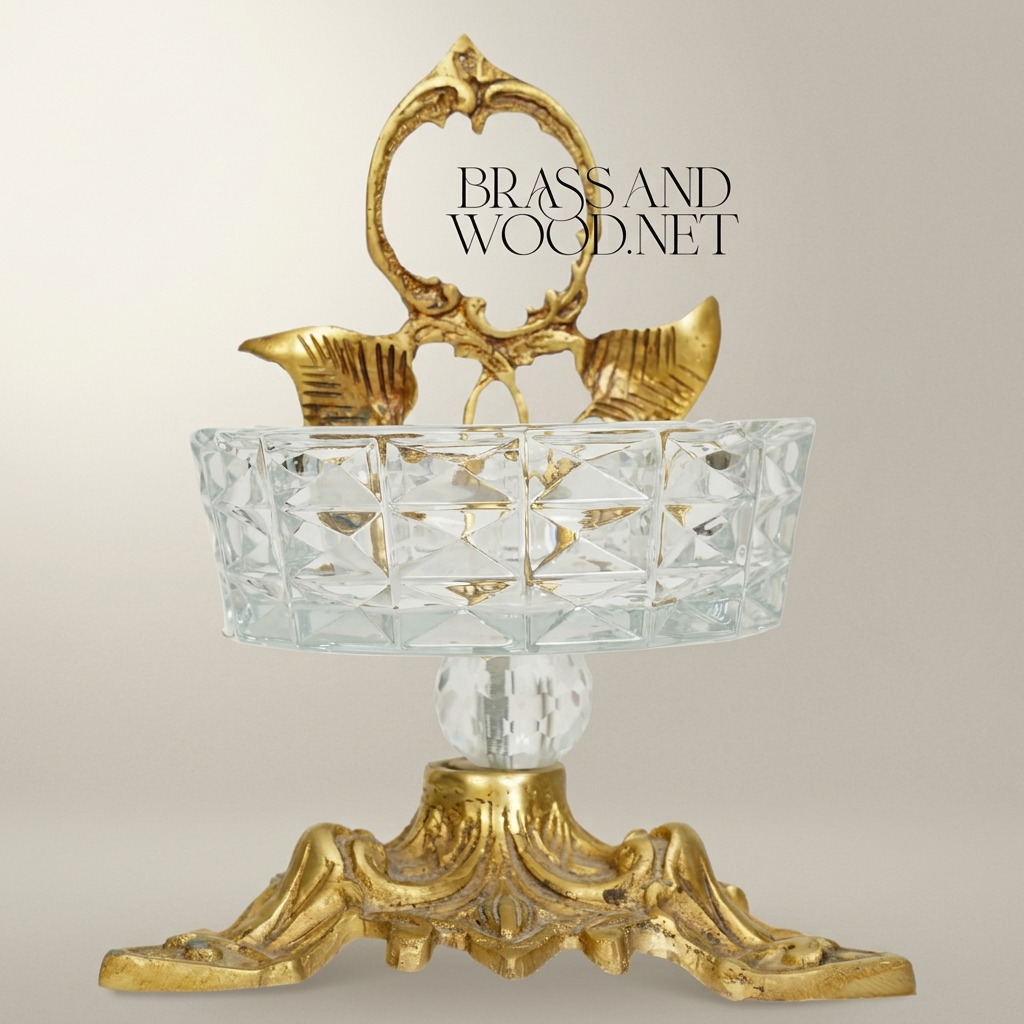 Rococo Crystal & Brass Ashtray with Acanthus Pedestal & Floral Handle — Antique Gold