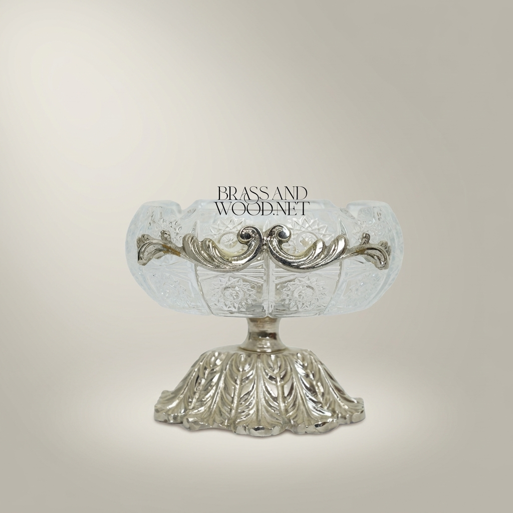 Rococo Crystal & Brass Ashtray with Acanthus Pedestal Base — Silver