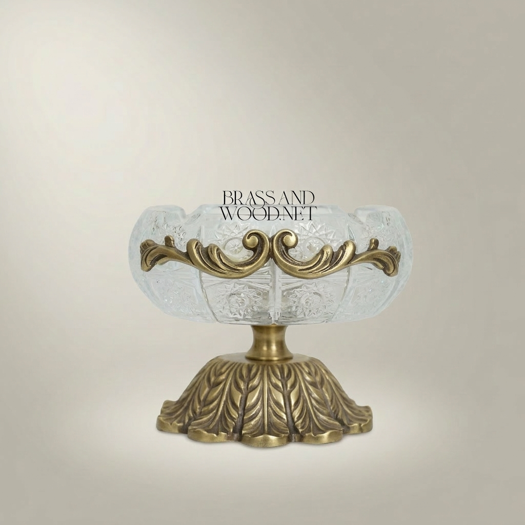 Rococo Crystal & Brass Ashtray with Acanthus Pedestal Base — Antique Gold