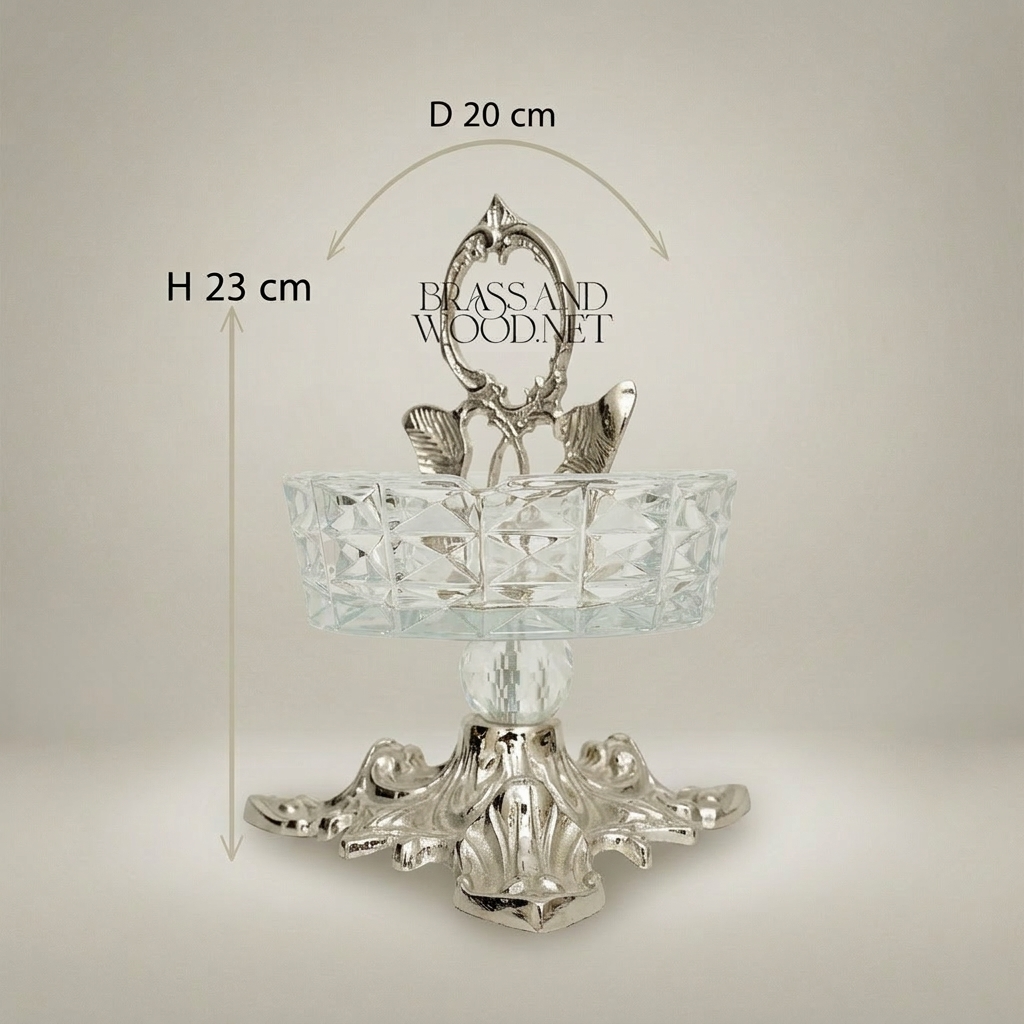 Rococo Crystal & Brass Ashtray with Acanthus Pedestal & Floral Handle — Silver