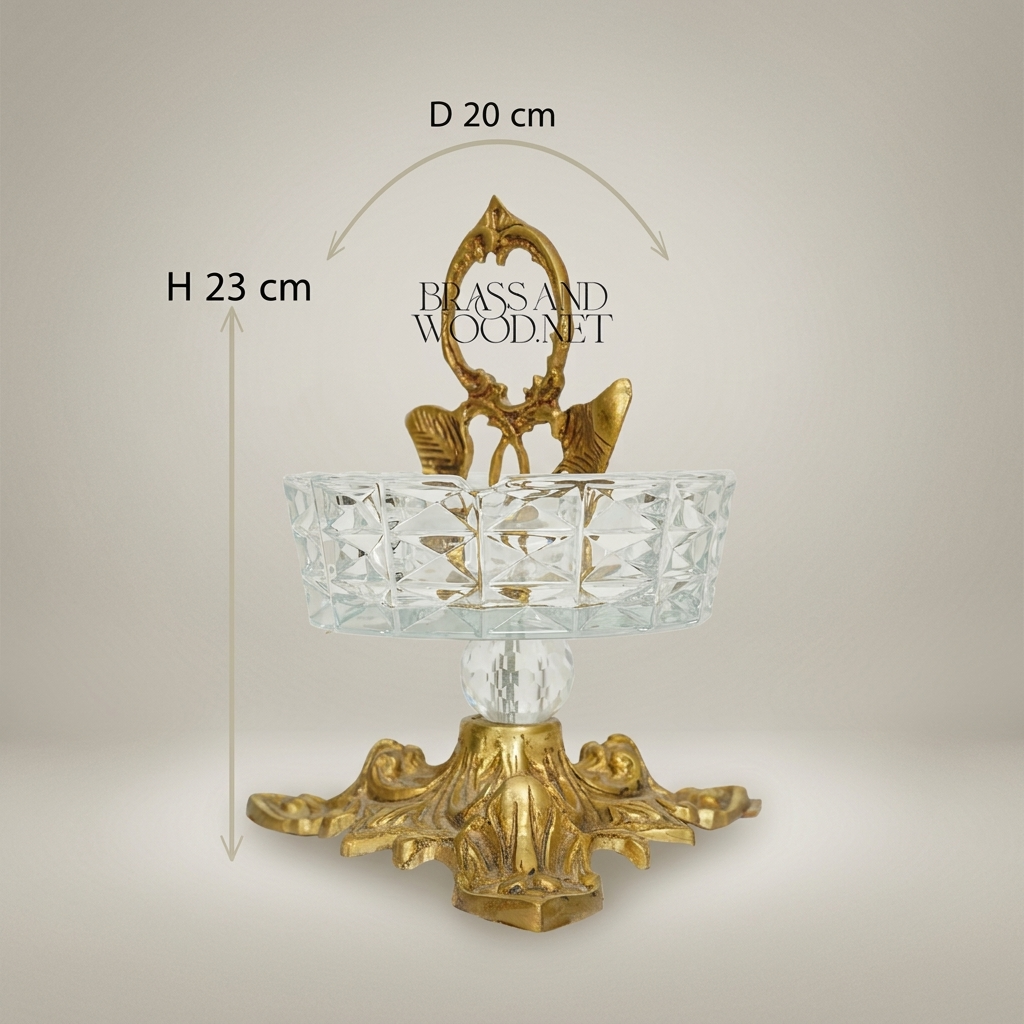Rococo Crystal & Brass Ashtray with Acanthus Pedestal & Floral Handle — Antique Gold
