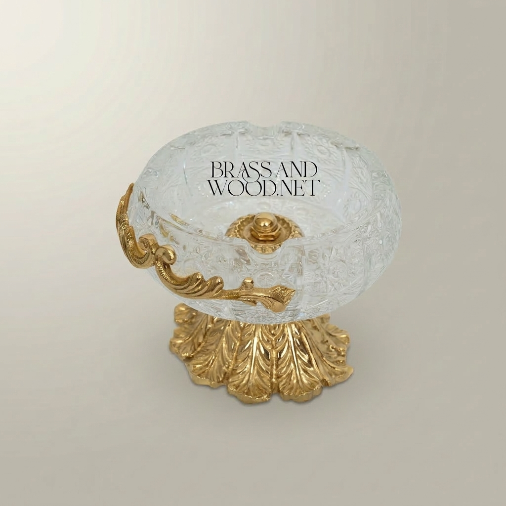 Rococo Crystal & Brass Ashtray with Acanthus Pedestal Base — Gold