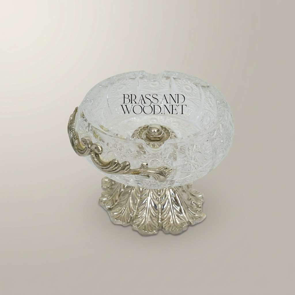 Rococo Crystal & Brass Ashtray with Acanthus Pedestal Base — Silver