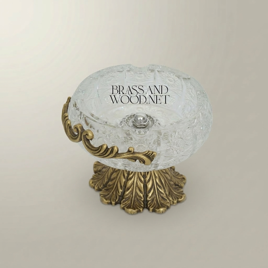 Rococo Crystal & Brass Ashtray with Acanthus Pedestal Base — Antique Gold