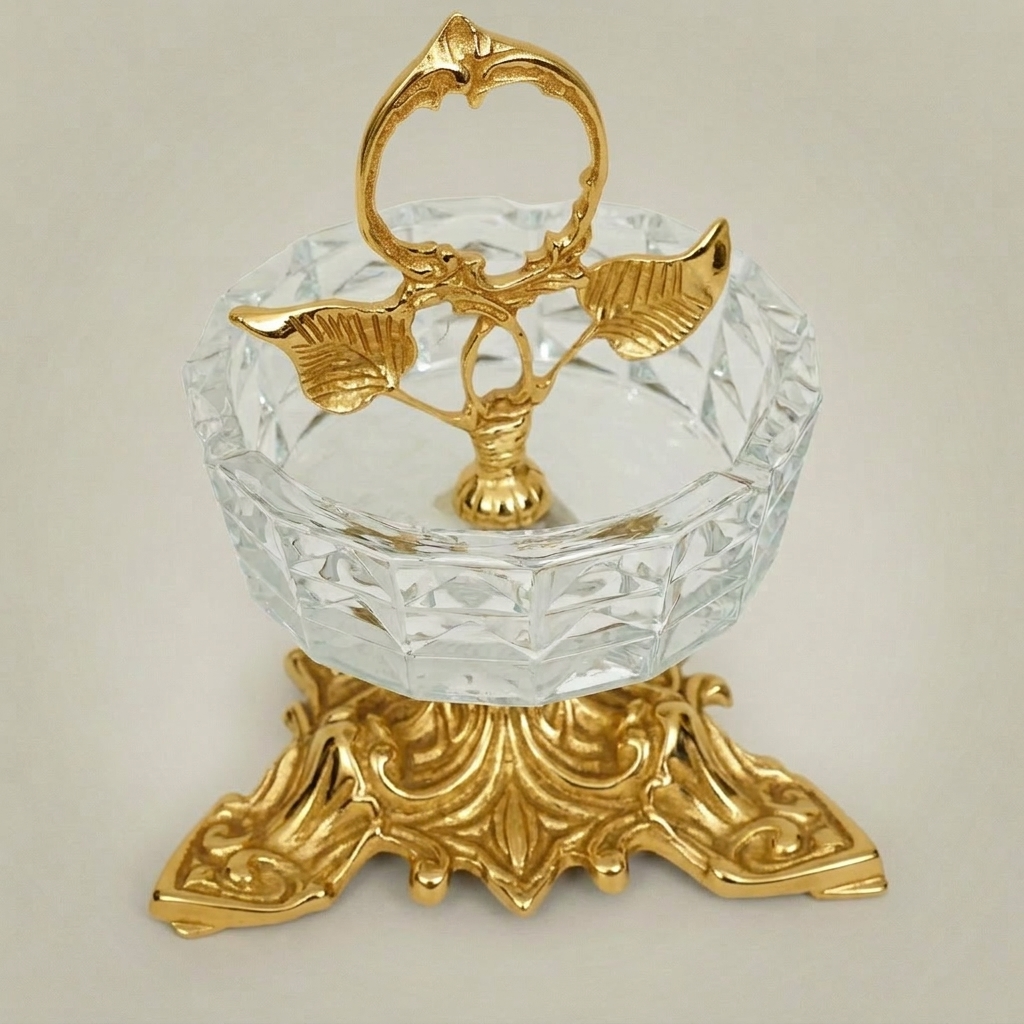 Rococo Crystal & Brass Ashtray with Acanthus Pedestal & Floral Handle — Gold