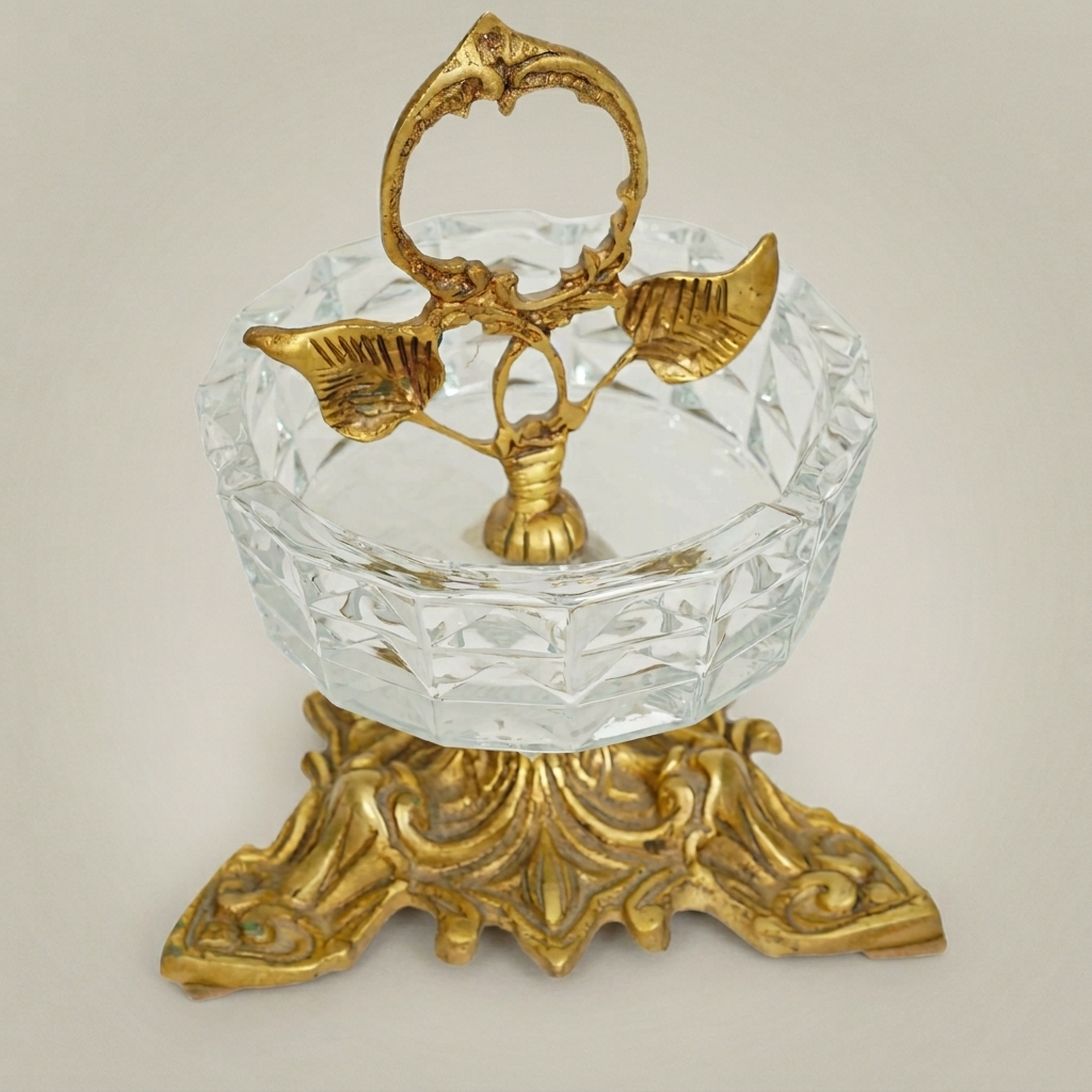 Rococo Crystal & Brass Ashtray with Acanthus Pedestal & Floral Handle — Antique Gold