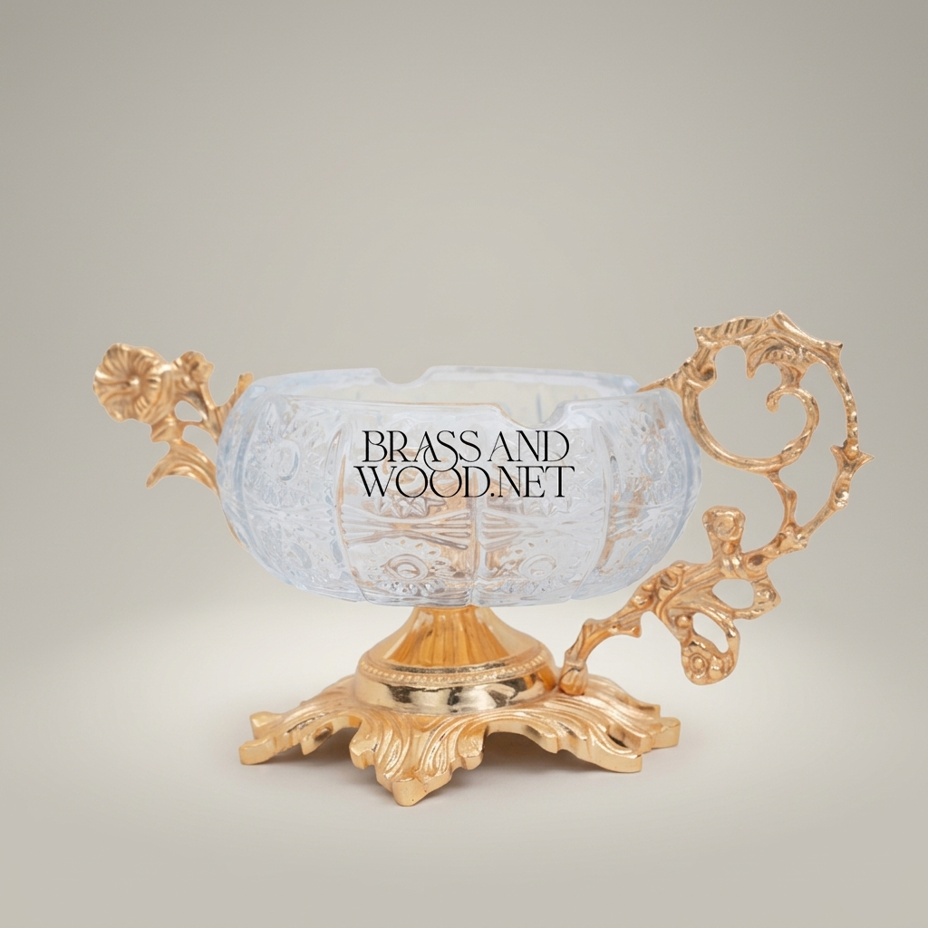 Rococo Crystal & Brass Ashtray with Floral Scroll Handles — Gold
