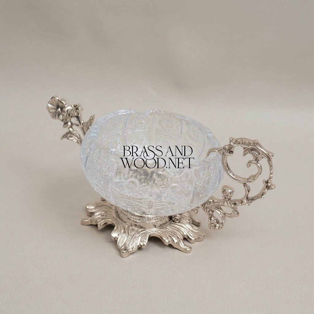 Rococo Crystal & Brass Ashtray with Floral Scroll Handles — Silver