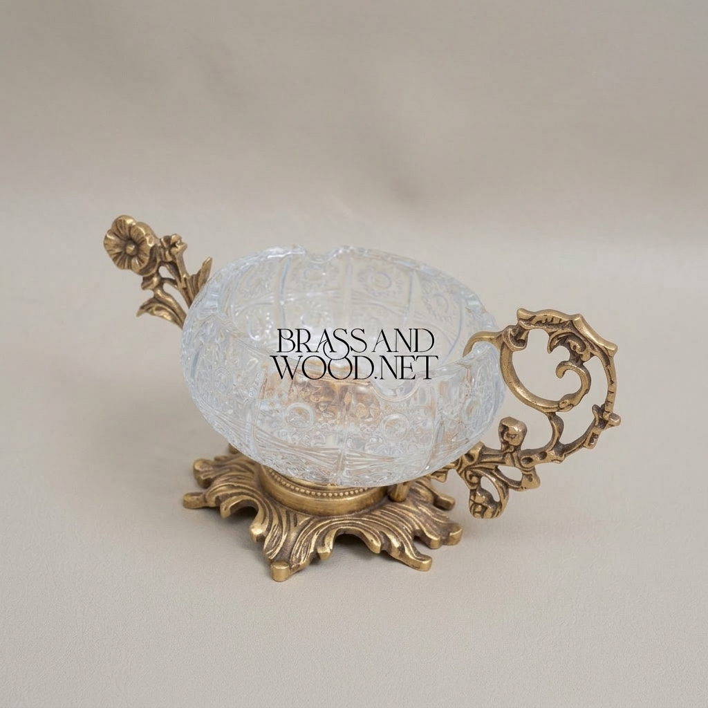 Rococo Crystal & Brass Ashtray with Floral Scroll Handles — Antique Gold