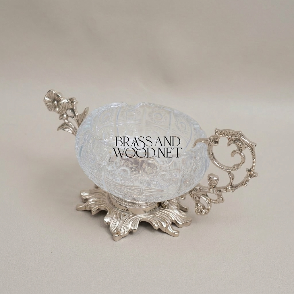 Rococo Crystal & Brass Ashtray with Floral Scroll Handles — Silver