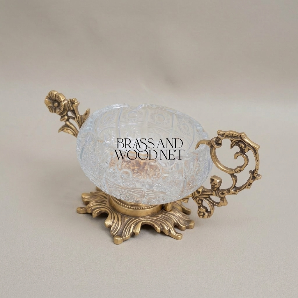 Rococo Crystal & Brass Ashtray with Floral Scroll Handles — Antique Gold