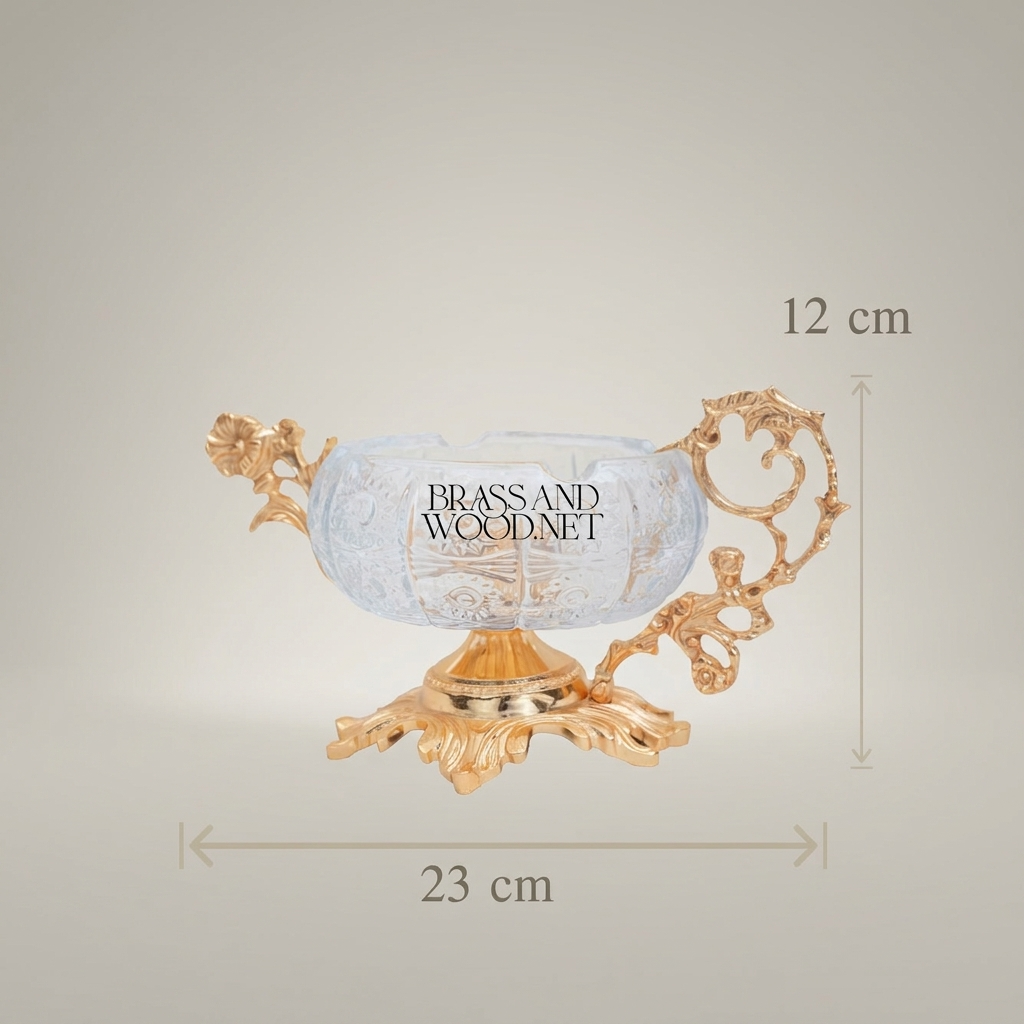 Rococo Crystal & Brass Ashtray with Floral Scroll Handles — Gold