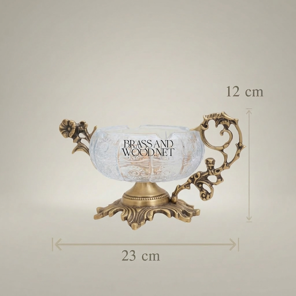 Rococo Crystal & Brass Ashtray with Floral Scroll Handles — Antique Gold