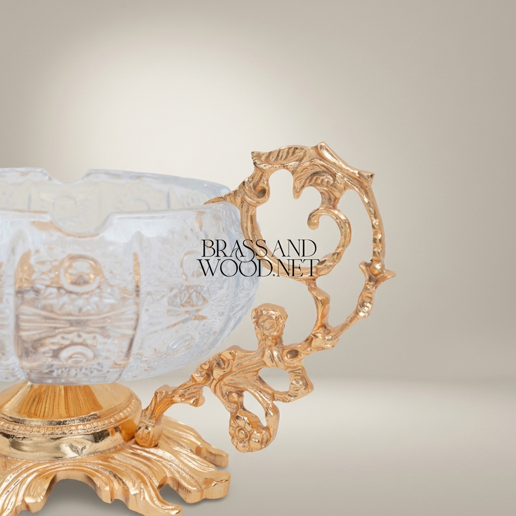 Rococo Crystal & Brass Ashtray with Floral Scroll Handles