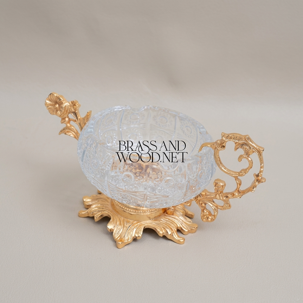Rococo Crystal & Brass Ashtray with Floral Scroll Handles — Gold