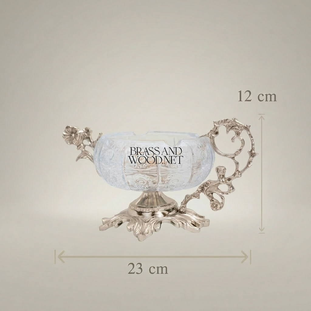 Rococo Crystal & Brass Ashtray with Floral Scroll Handles — Silver