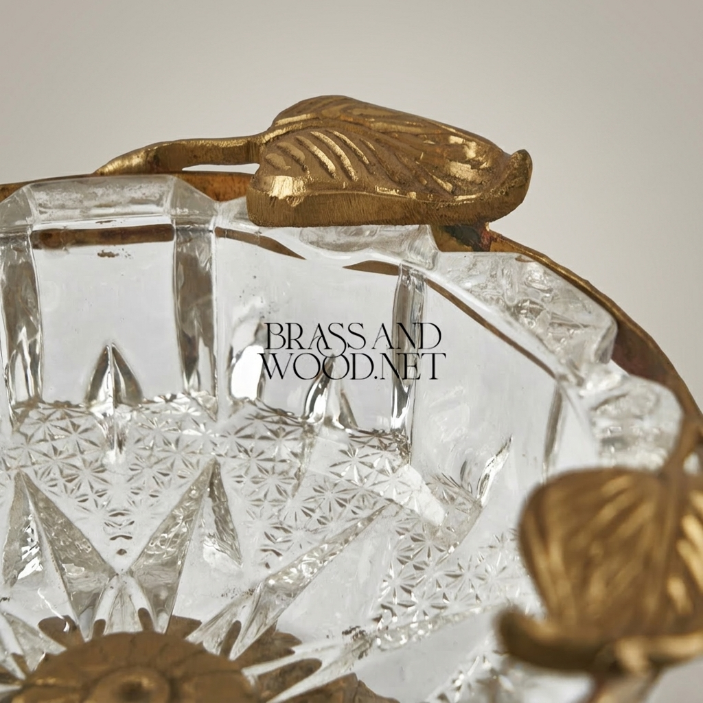 Rococo Crystal & Brass Ashtray with Ornate Scrollwork Pedestal Base — Antique Gold