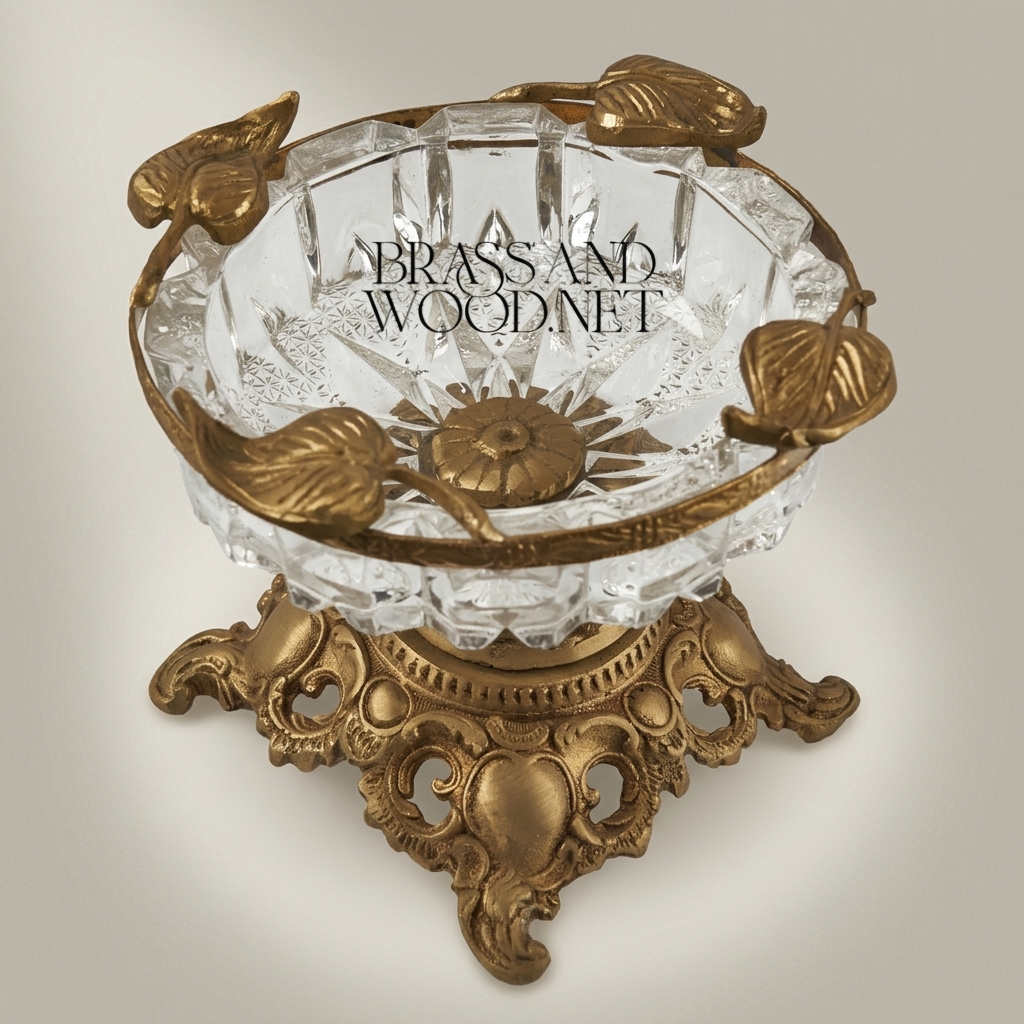 Rococo Crystal & Brass Ashtray with Ornate Scrollwork Pedestal Base — Antique Gold