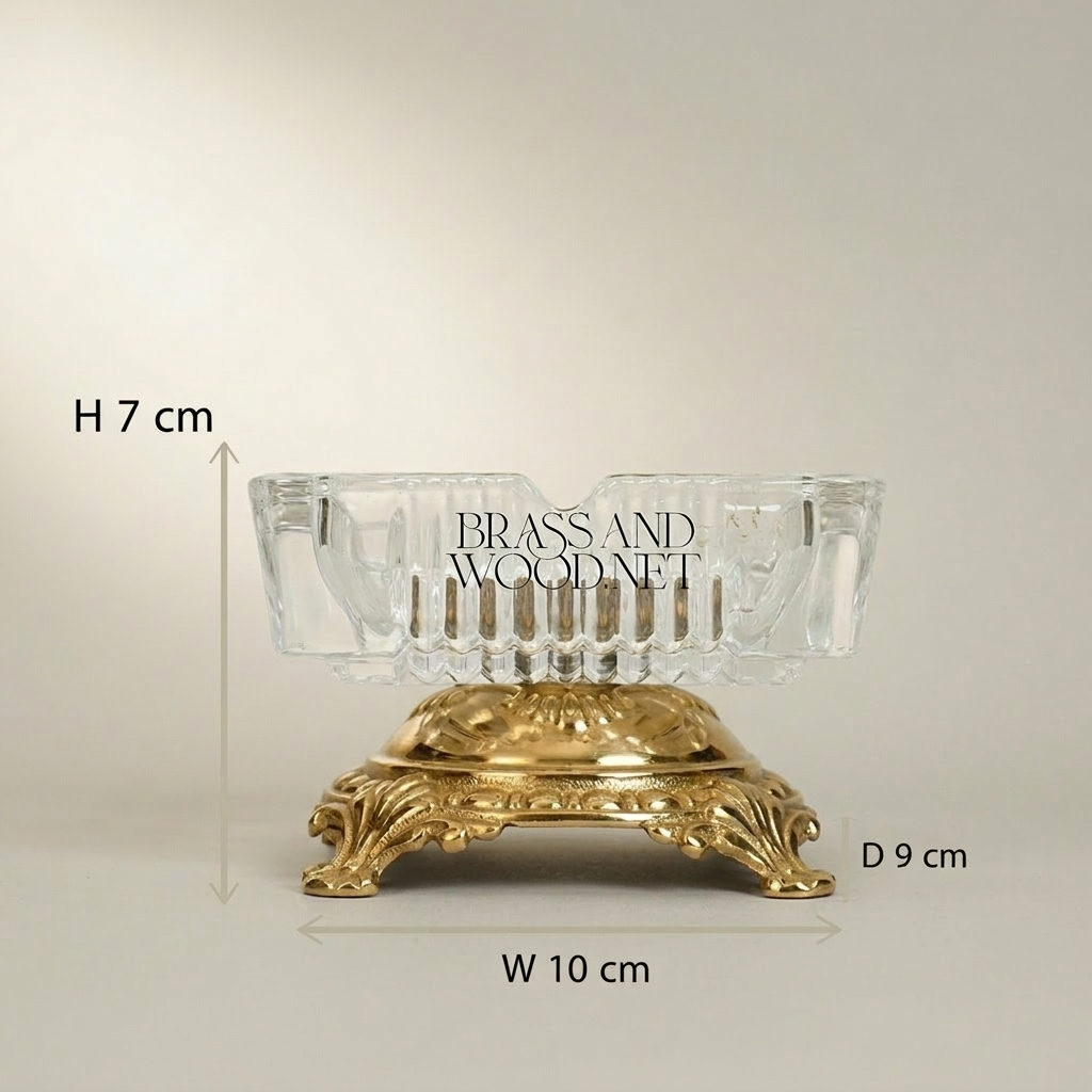 Rococo Crystal & Brass Ashtray on Ornate Scrollwork Base — Gold