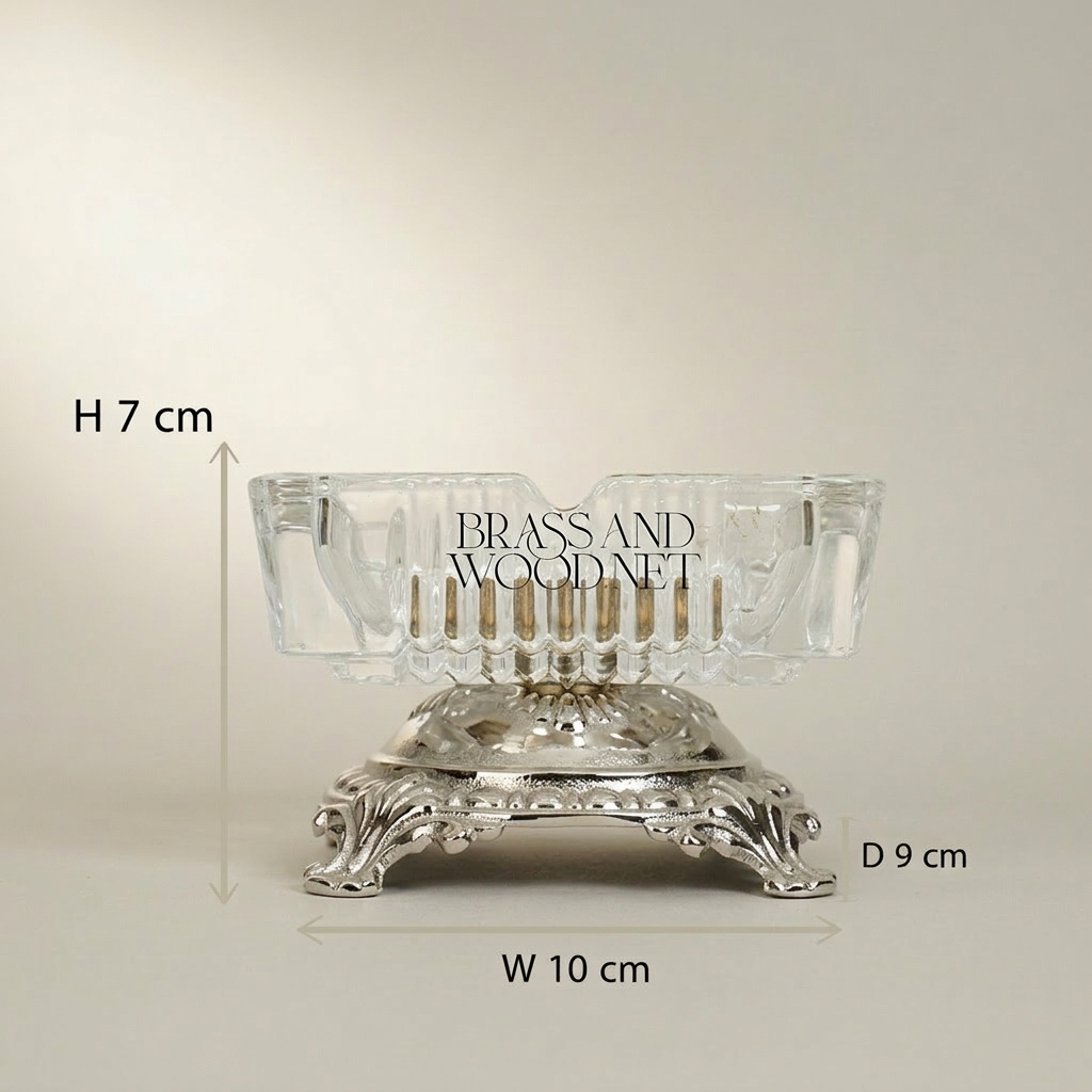 Rococo Crystal & Brass Ashtray on Ornate Scrollwork Base — Silver