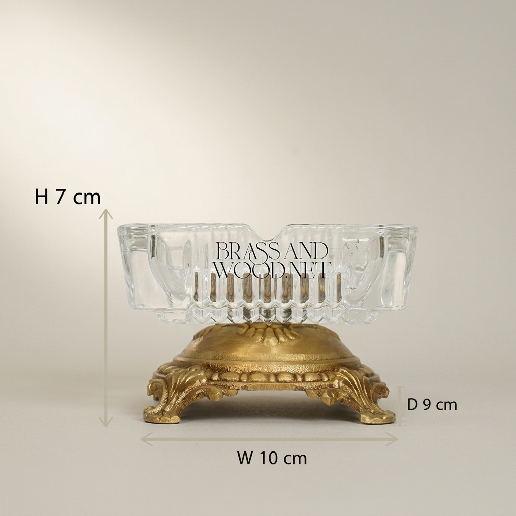 Rococo Crystal & Brass Ashtray on Ornate Scrollwork Base — Antique Gold