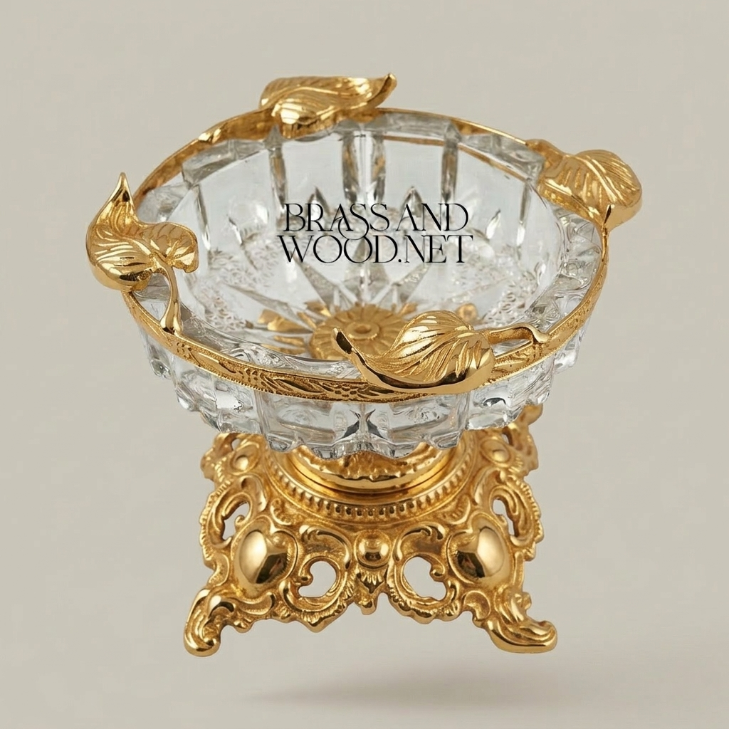 Rococo Crystal & Brass Ashtray with Ornate Scrollwork Pedestal Base — Gold