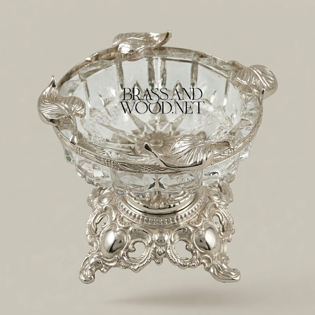 Rococo Crystal & Brass Ashtray with Ornate Scrollwork Pedestal Base — Silver