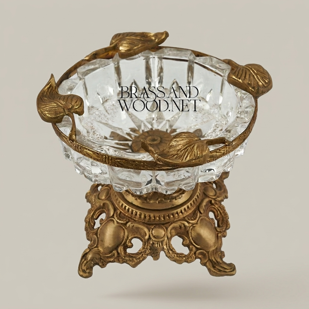 Rococo Crystal & Brass Ashtray with Ornate Scrollwork Pedestal Base — Antique Gold