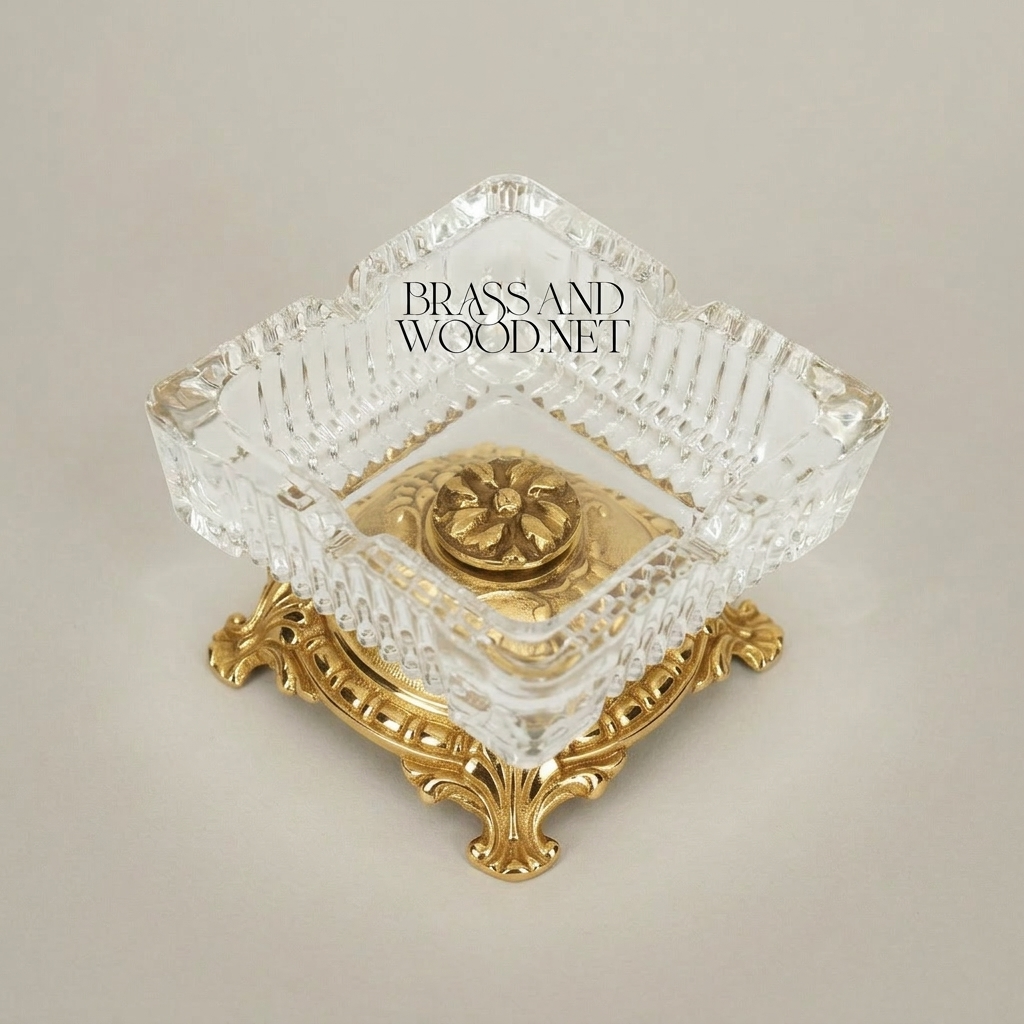 Rococo Crystal & Brass Ashtray on Ornate Scrollwork Base — Gold