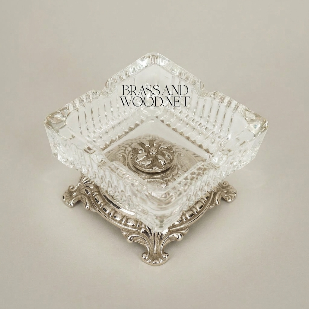 Rococo Crystal & Brass Ashtray on Ornate Scrollwork Base — Silver