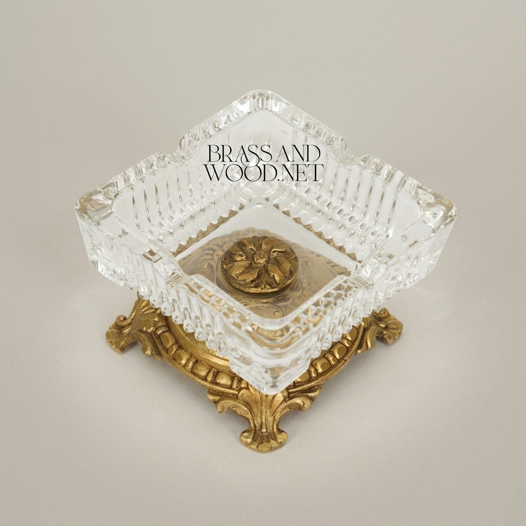 Rococo Crystal & Brass Ashtray on Ornate Scrollwork Base — Antique Gold