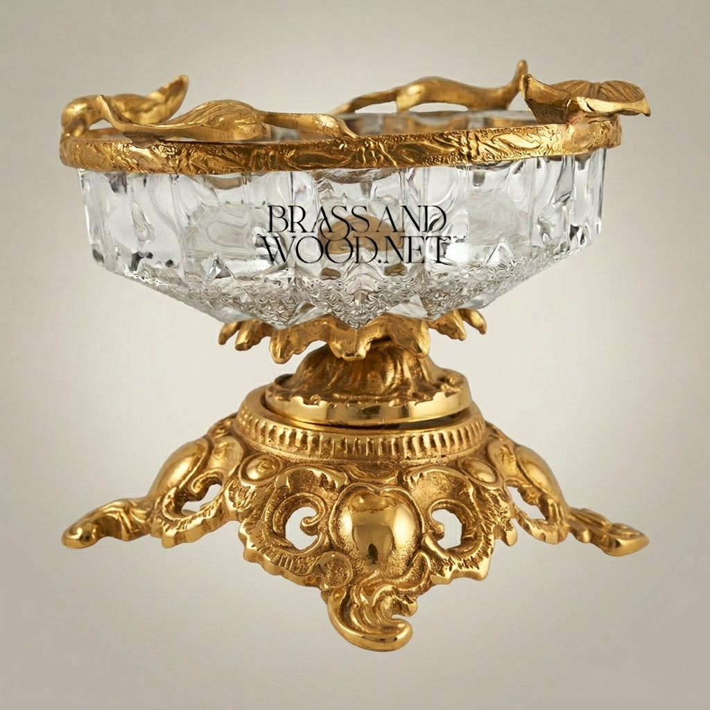 Rococo Crystal & Brass Ashtray with Ornate Scrollwork Pedestal Base