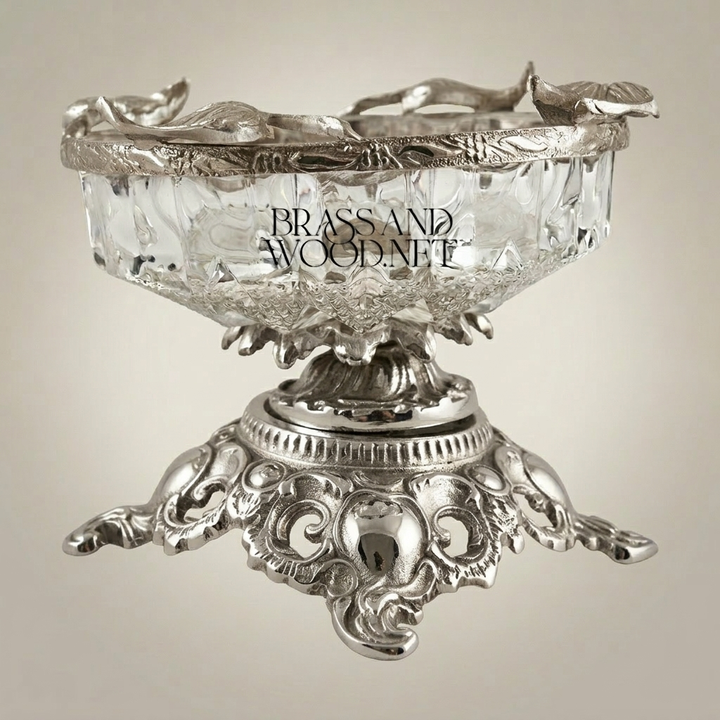 Rococo Crystal & Brass Ashtray with Ornate Scrollwork Pedestal Base — Silver