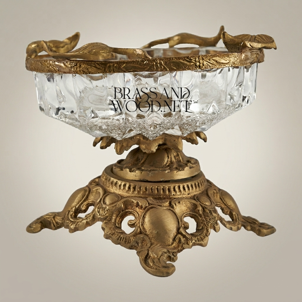 Rococo Crystal & Brass Ashtray with Ornate Scrollwork Pedestal Base — Antique Gold