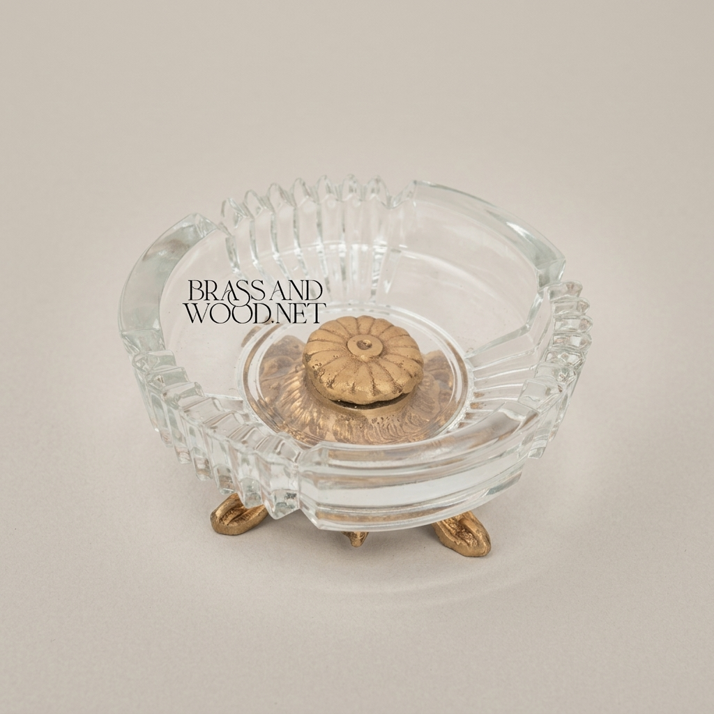 Rococo Crystal & Brass Ashtray with Pierced Scrollwork Footed Base — Antique Gold