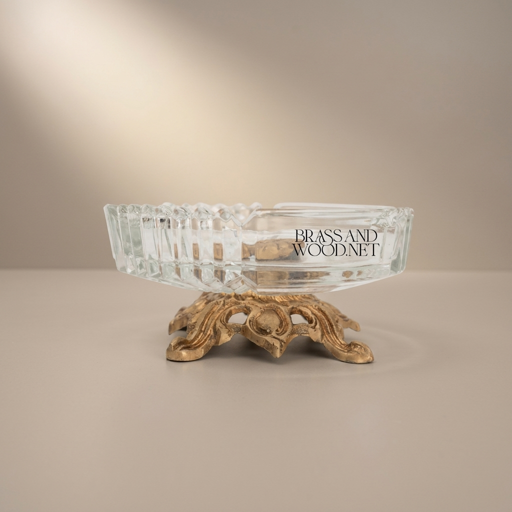 Rococo Crystal & Brass Ashtray with Pierced Scrollwork Footed Base — Antique Gold