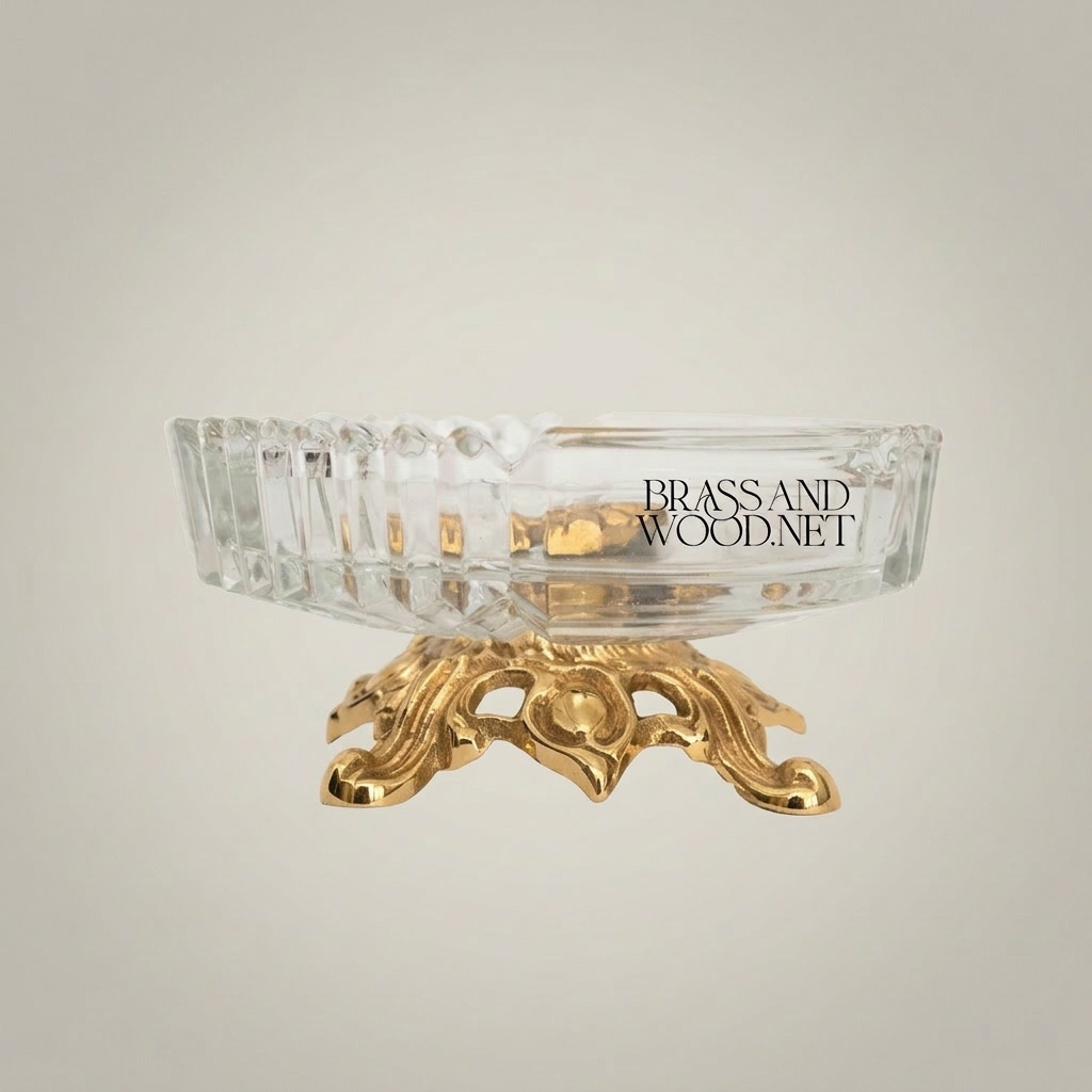 Rococo Crystal & Brass Ashtray with Pierced Scrollwork Footed Base — Gold