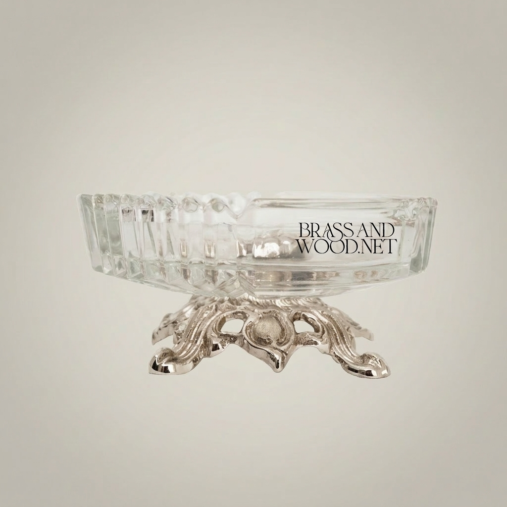 Rococo Crystal & Brass Ashtray with Pierced Scrollwork Footed Base — Silver