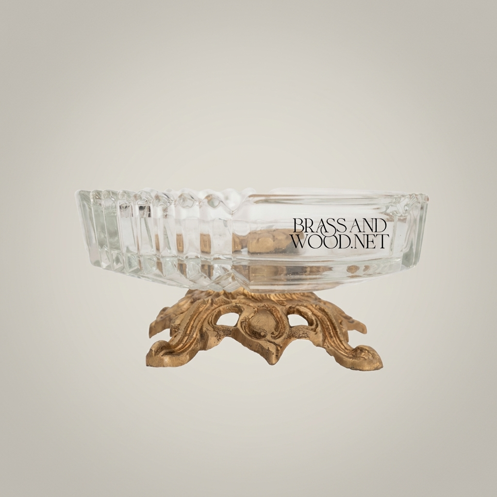 Rococo Crystal & Brass Ashtray with Pierced Scrollwork Footed Base — Antique Gold